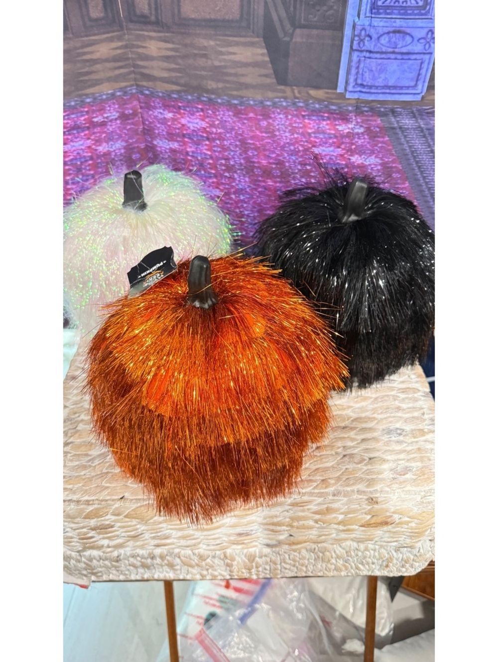 Fringe Tinsel Pumpkin Decor lot of 3 Orange, Black and Iridescent Hyde and Eek